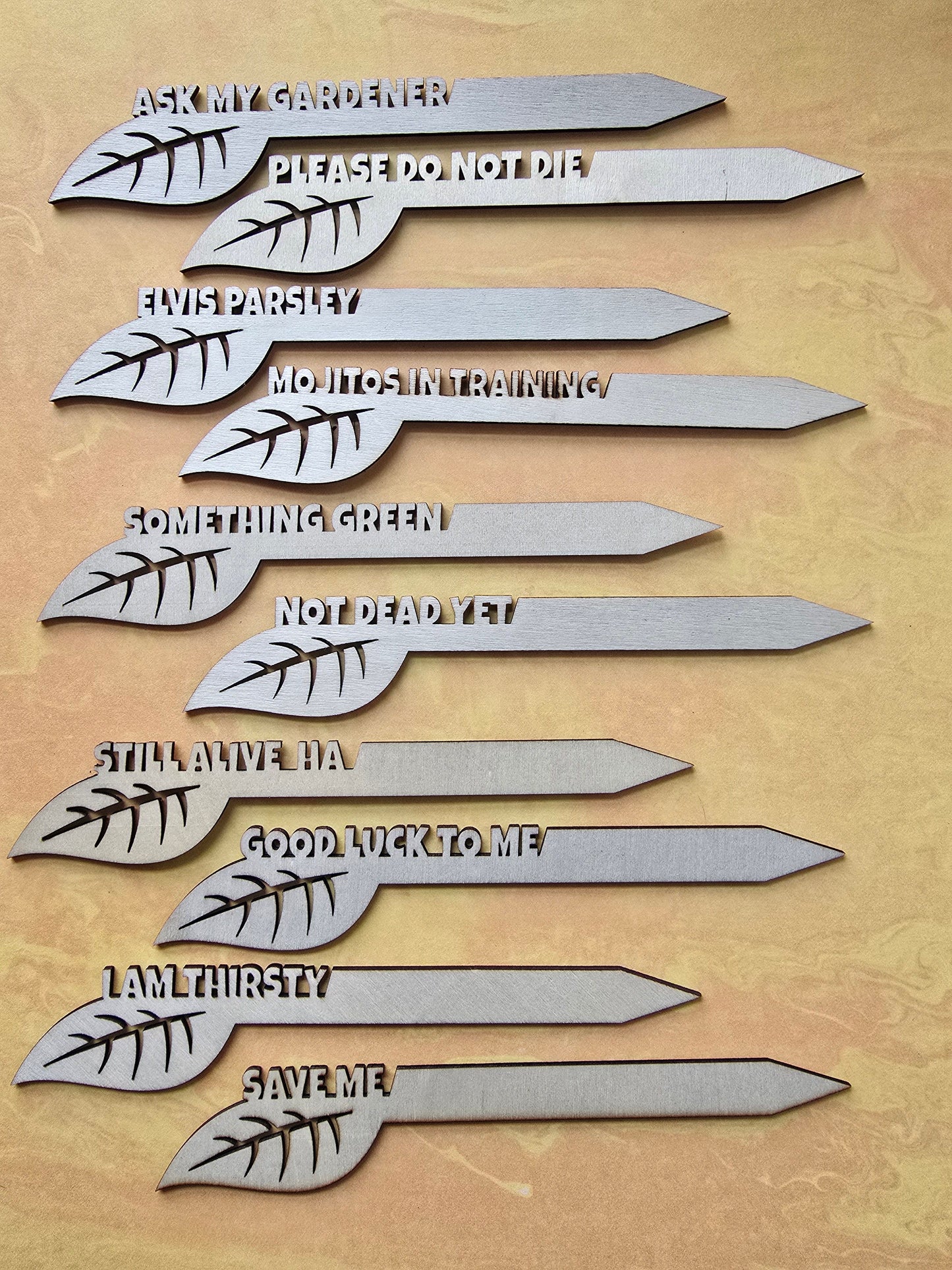 Funny Plant Markers - Leaf Design - 10pk With Hanging Display Holder