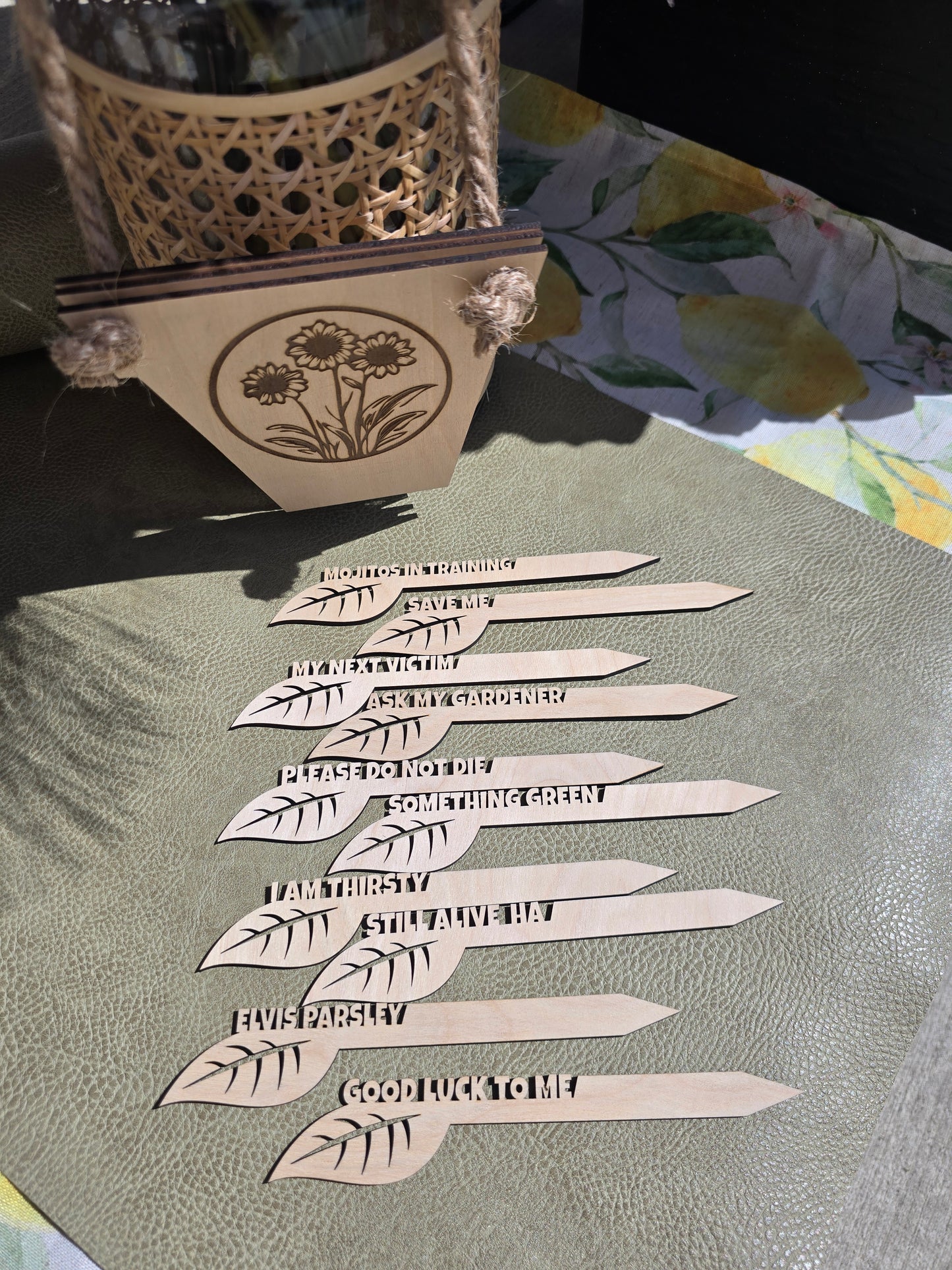 Funny Plant Markers - Leaf Design - 10pk With Hanging Display Holder